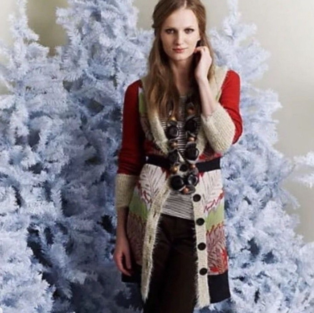 Anthro Lia Molly holiday fern duster sweater cardigan Mrs Santa Claus baby